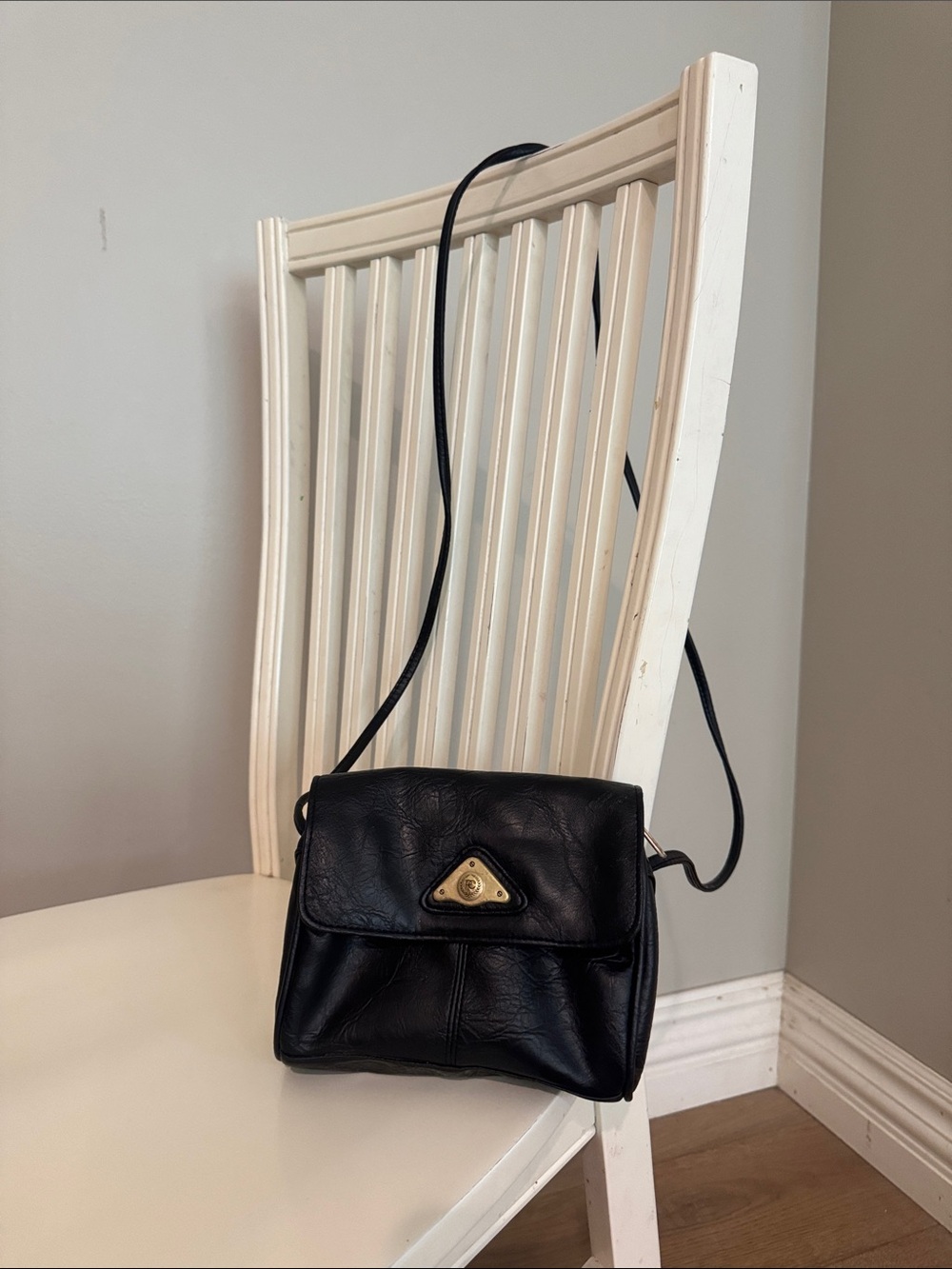 Vintage Pierre Cardin Black Leather Crossbody with Gold/Brass Triangle Clasp